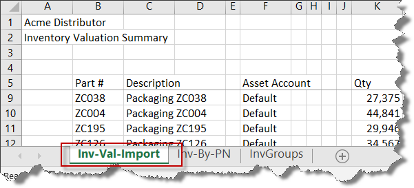 Displays where to paste Fishbowl Inventory Valuatino report result in Excel VBA application