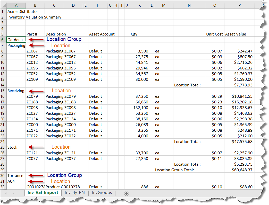 Example of Fishbowl export of Inventory Valuation report using Excel on a CSV file