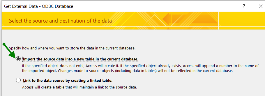 Select either Import the source data into a new table in the current database, rather than Link to the data source by creating a linked table