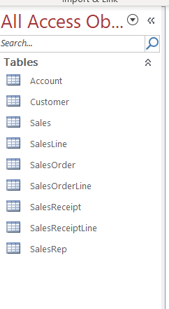 Once Access imports the select QB tables, you will see them listed in the left margin under the list of Access Objects.