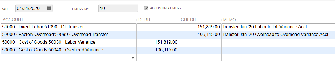 Display of QuickBooks journal entry that transfers the month-end January Direct Labor Department and Overhead Departments to their respective Variance accounts.