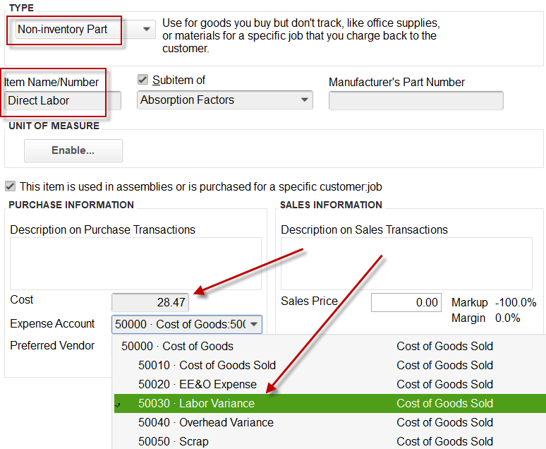 Display of Labor Absorption factor in QuickBooks, that is attached to Labor Variance account on P&L.