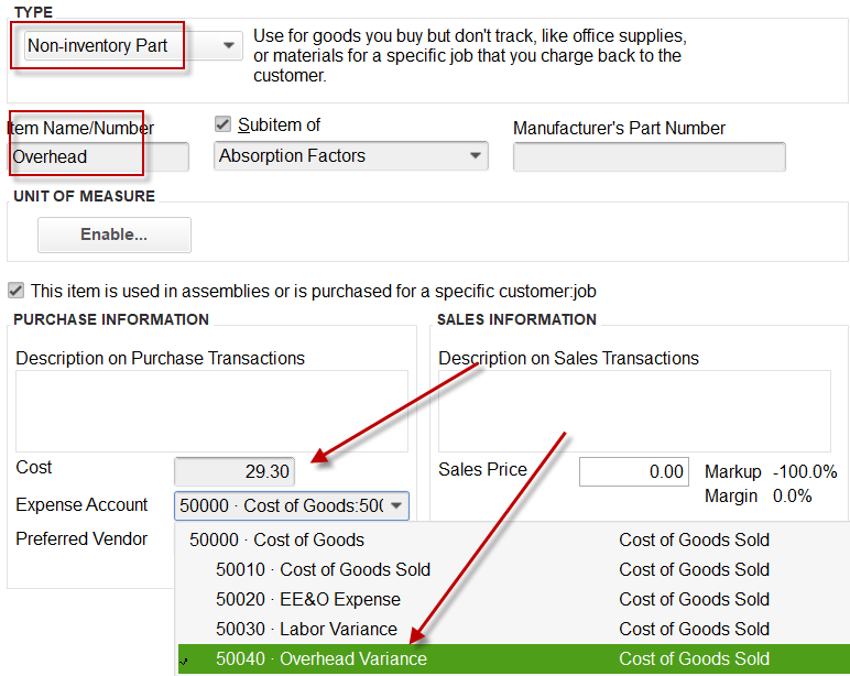 Display of Overhead Absorption factor in QuickBooks, that is attached to Overhead Variance account on P&L.