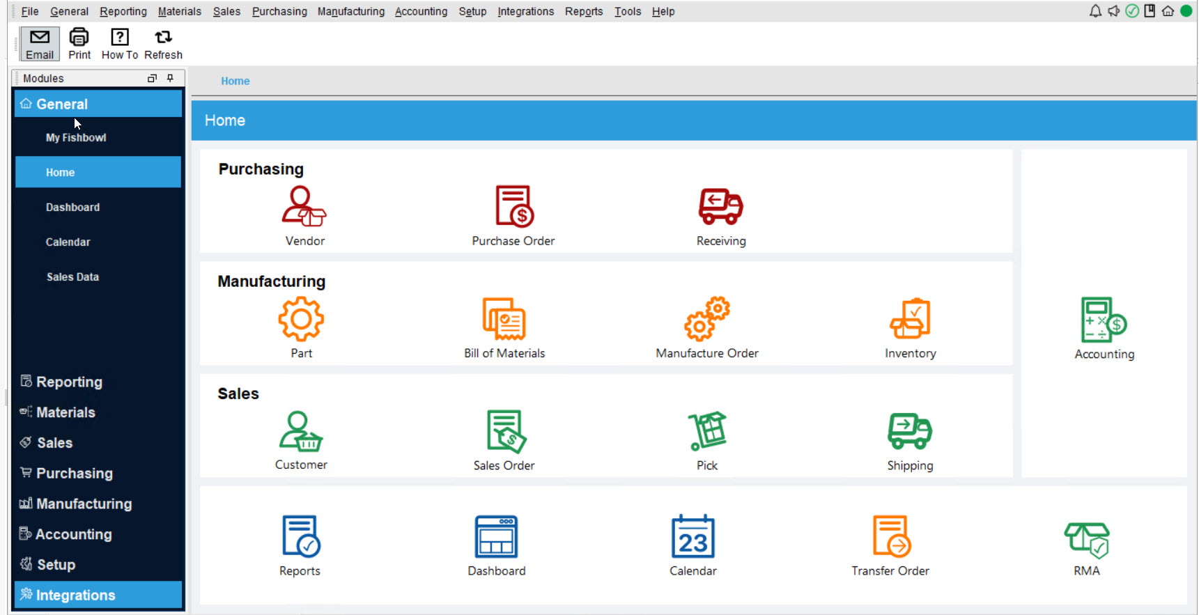 Picture of Fishbowl Inventory Home screen showing primary icons.