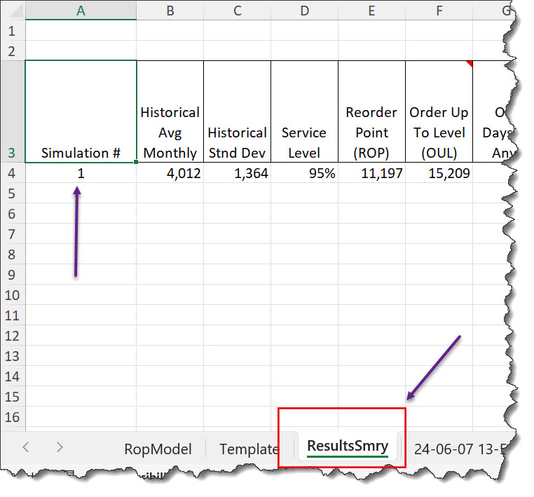 Snippet of the ResultsSmry worksheet showing a section of the simulation results.