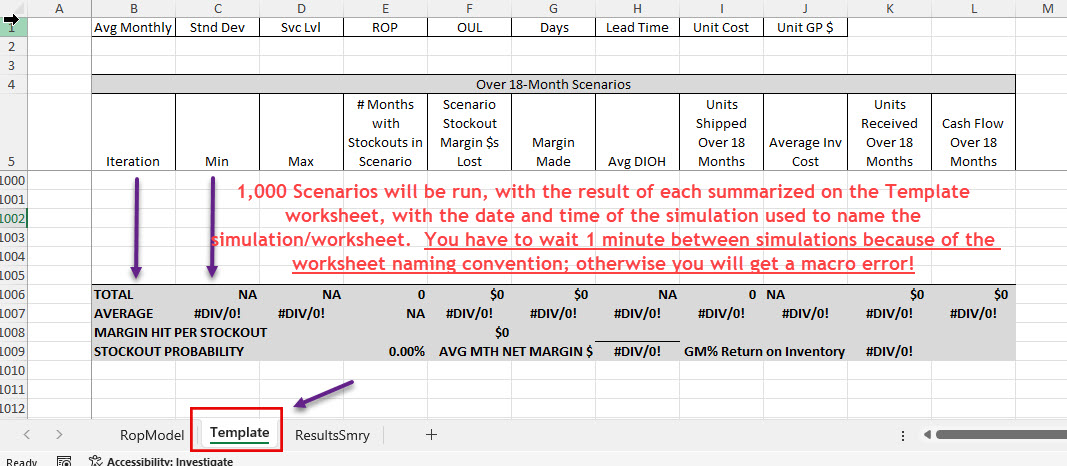 OptiStock SImulation Template worksheet displayed.