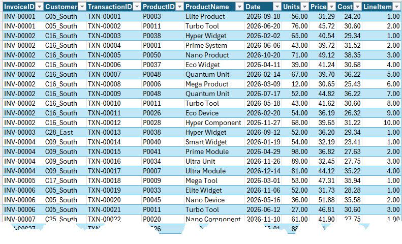 Displaying a snippet of invoicing data that is generated by the typical product-based ERP system with the InvoiceIDs, Customer Names, Transaction IDs, Product IDs, Product Names, Shipment Dates, Units Shipped, Invoice Line Item Price and Cost, Invoice Line Item Number.